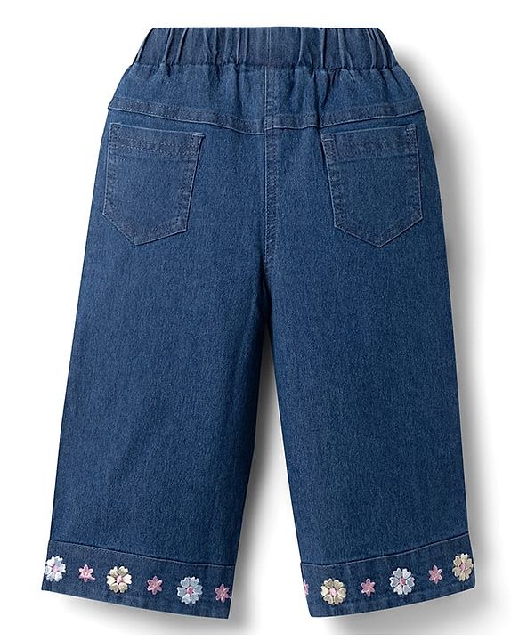 Babyhug Denim Half Sleeves Top & Pant Set With Inner Tee & Floral Embroidery - Navy Blue & Pink