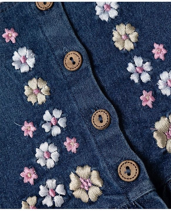 Babyhug Denim Half Sleeves Top & Pant Set With Inner Tee & Floral Embroidery - Navy Blue & Pink