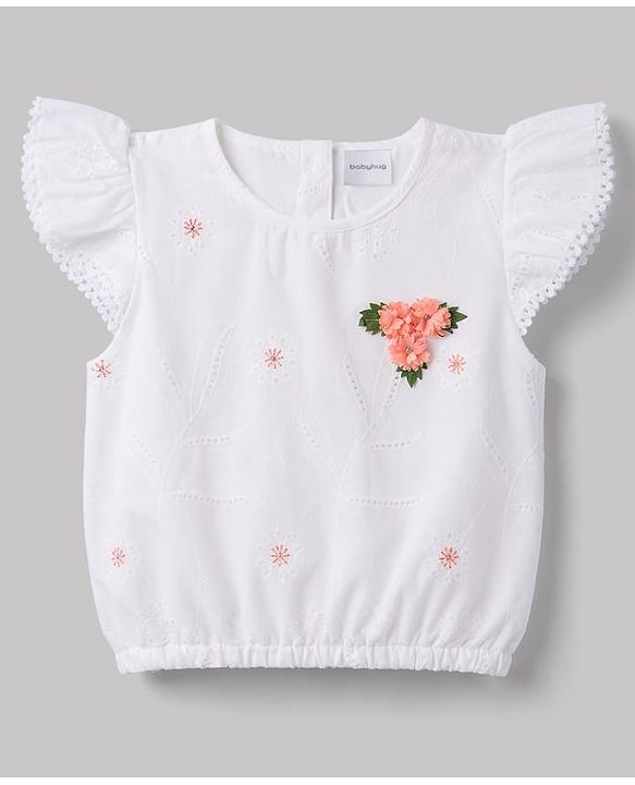 Babyhug Cotton Woven Half Sleeves Top & Shorts Set With Floral Applique - White & Peach