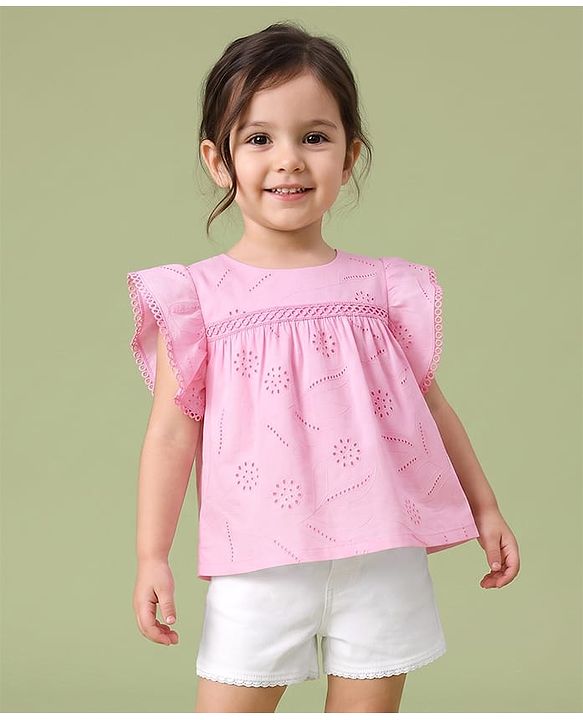 Babyhug Cotton Woven Half Frill Sleeves Schifilli Top & Shorts Set With Lace Detailing - Pink & White