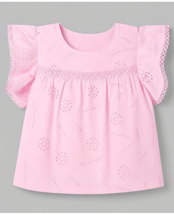 Babyhug Cotton Woven Half Frill Sleeves Schifilli Top & Shorts Set With Lace Detailing - Pink & White