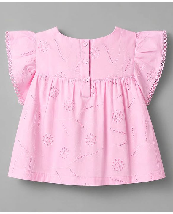 Babyhug Cotton Woven Half Frill Sleeves Schifilli Top & Shorts Set With Lace Detailing - Pink & White