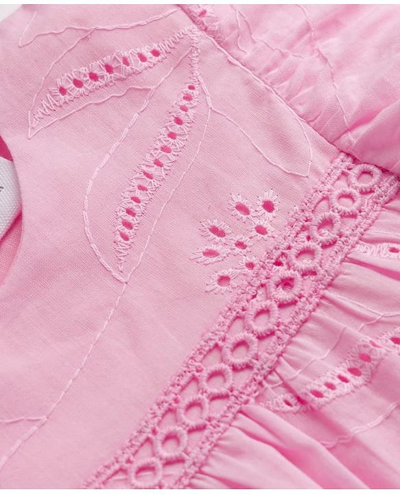 Babyhug Cotton Woven Half Frill Sleeves Schifilli Top & Shorts Set With Lace Detailing - Pink & White