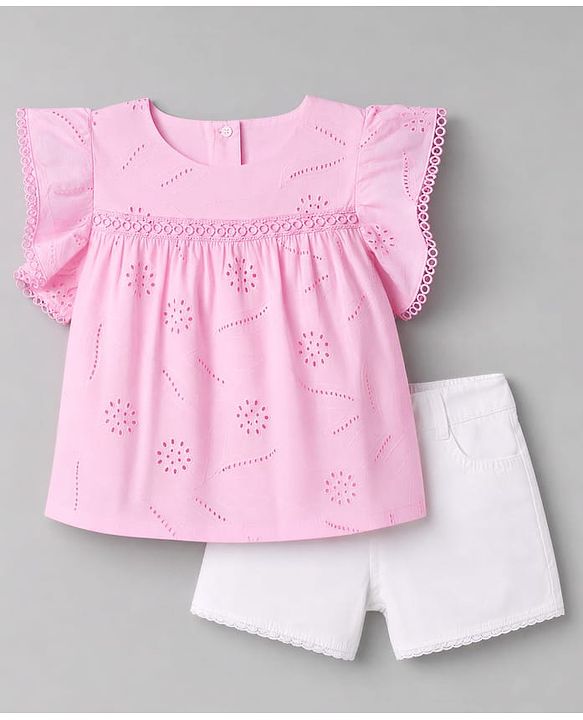 Babyhug Cotton Woven Half Frill Sleeves Schifilli Top & Shorts Set With Lace Detailing - Pink & White