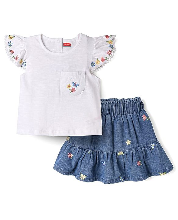 Babyhug Single Jersey Knit Half Frill Sleeves Floral Embroidered Top & Denim Skirt Set - White & Navy Blue