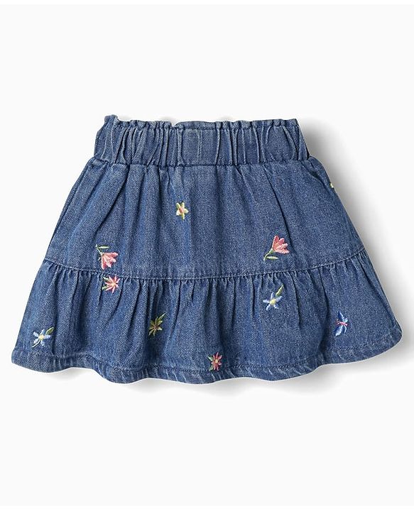 Babyhug Single Jersey Knit Half Frill Sleeves Floral Embroidered Top & Denim Skirt Set - White & Navy Blue