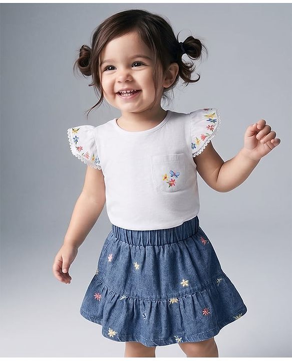 Babyhug Single Jersey Knit Half Frill Sleeves Floral Embroidered Top & Denim Skirt Set - White & Navy Blue