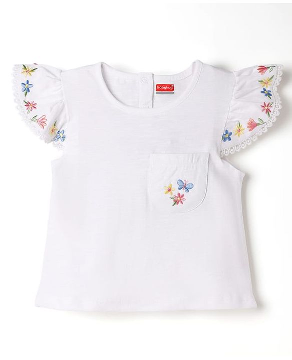 Babyhug Single Jersey Knit Half Frill Sleeves Floral Embroidered Top & Denim Skirt Set - White & Navy Blue