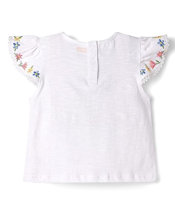 Babyhug Single Jersey Knit Half Frill Sleeves Floral Embroidered Top & Denim Skirt Set - White & Navy Blue