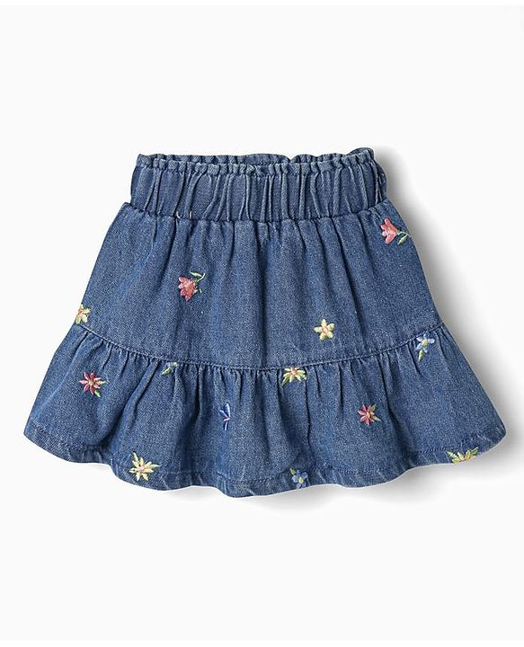Babyhug Single Jersey Knit Half Frill Sleeves Floral Embroidered Top & Denim Skirt Set - White & Navy Blue