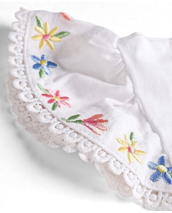 Babyhug Single Jersey Knit Half Frill Sleeves Floral Embroidered Top & Denim Skirt Set - White & Navy Blue