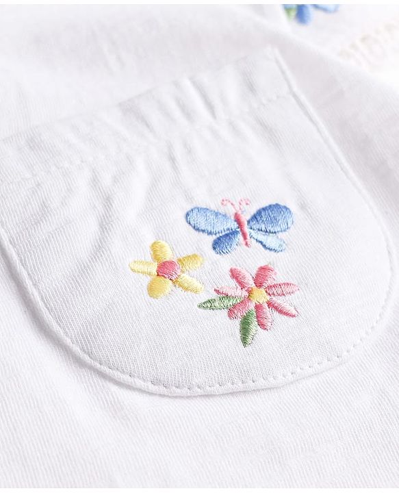 Babyhug Single Jersey Knit Half Frill Sleeves Floral Embroidered Top & Denim Skirt Set - White & Navy Blue
