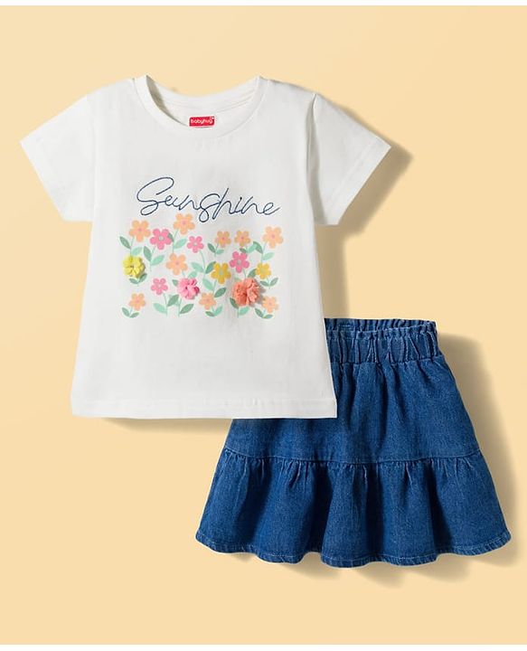 Babyhug Single Jersey Knit Half Sleeves Top & Denim Skirt Set with Floral Print - Blue & White