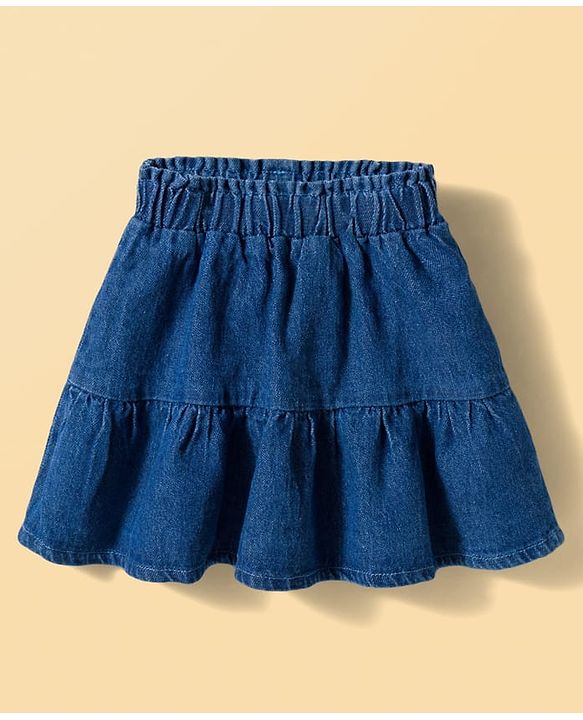 Babyhug Single Jersey Knit Half Sleeves Top & Denim Skirt Set with Floral Print - Blue & White