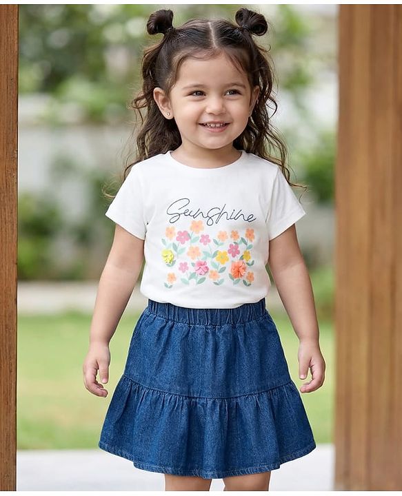 Babyhug Single Jersey Knit Half Sleeves Top & Denim Skirt Set with Floral Print - Blue & White