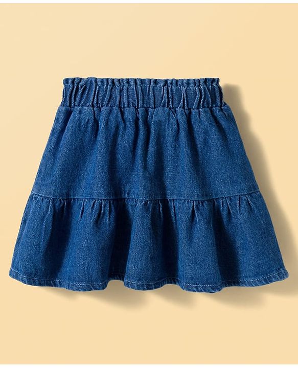 Babyhug Single Jersey Knit Half Sleeves Top & Denim Skirt Set with Floral Print - Blue & White