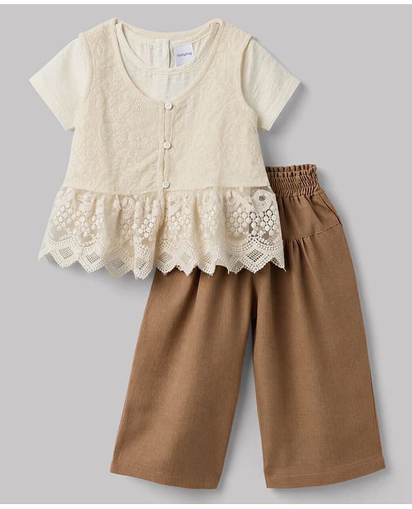 Babyhug Cotton Woven Half Sleeves Top & Pant Set With Jacket - Brown & White