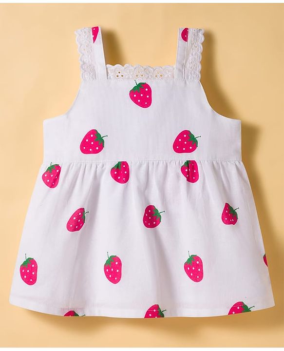 Babyhug Cotton Woven Sleeveless Top & Denim Shorts Set with Strawberry Print - White & Blue