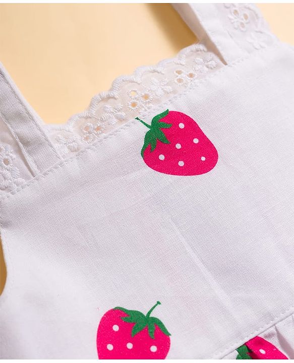 Babyhug Cotton Woven Sleeveless Top & Denim Shorts Set with Strawberry Print - White & Blue