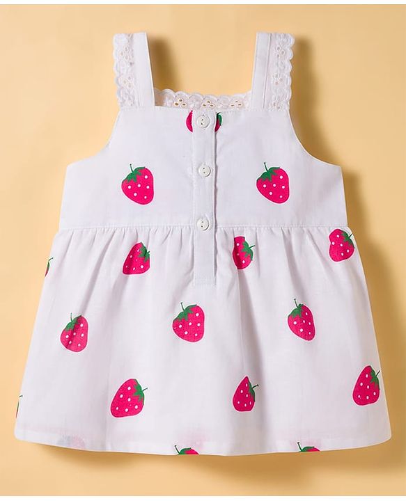 Babyhug Cotton Woven Sleeveless Top & Denim Shorts Set with Strawberry Print - White & Blue