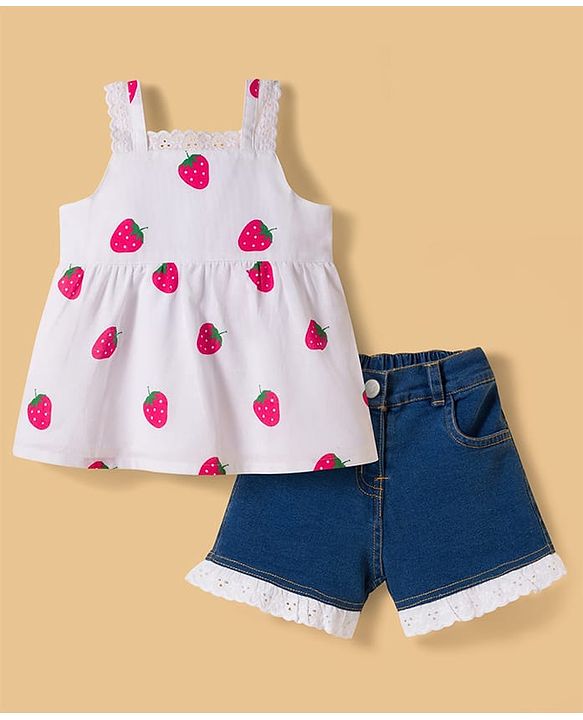 Babyhug Cotton Woven Sleeveless Top & Denim Shorts Set with Strawberry Print - White & Blue