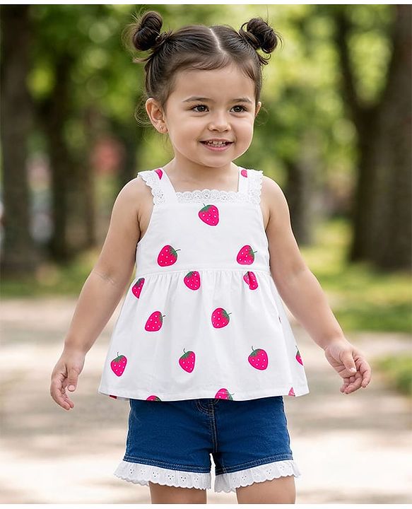Babyhug Cotton Woven Sleeveless Top & Denim Shorts Set with Strawberry Print - White & Blue