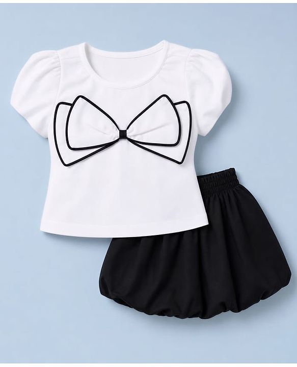 Babyhug Cotton Woven Half Sleeves Solid Top & Skirt With Bow Applique - White & Black