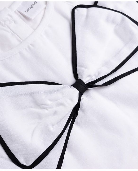 Babyhug Cotton Woven Half Sleeves Solid Top & Skirt With Bow Applique - White & Black