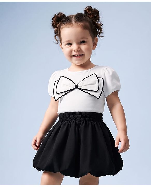 Babyhug Cotton Woven Half Sleeves Solid Top & Skirt With Bow Applique - White & Black