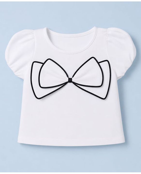 Babyhug Cotton Woven Half Sleeves Solid Top & Skirt With Bow Applique - White & Black