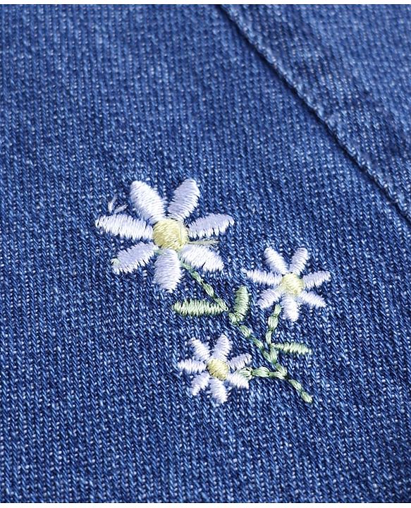 Babyhug Single Jersey Knit Denim Dungarees and Half Sleeves Tee with Floral Embroidery & Bow Applique in White