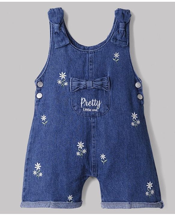 Babyhug Single Jersey Knit Denim Dungarees and Half Sleeves Tee with Floral Embroidery & Bow Applique in White