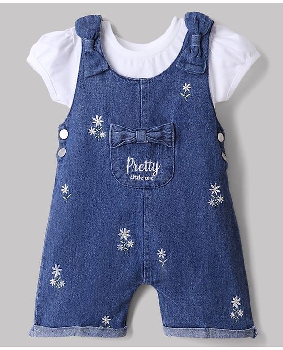 Babyhug Single Jersey Knit Denim Dungarees and Half Sleeves Tee with Floral Embroidery & Bow Applique in White