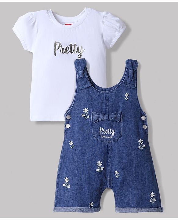 Babyhug Single Jersey Knit Denim Dungarees and Half Sleeves Tee with Floral Embroidery & Bow Applique in White
