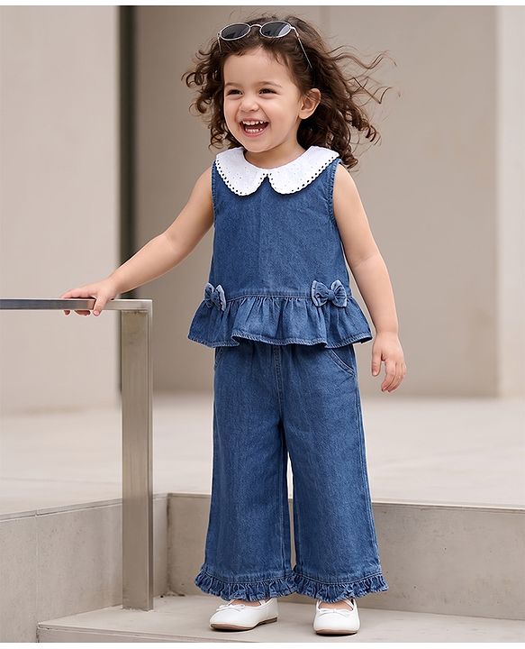 Babyhug Peter Pan Collar Sleeveless  Top & Pant Set with Schiffli Bow & Frill Detailing - Blue