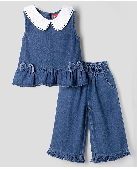Babyhug Peter Pan Collar Sleeveless  Top & Pant Set with Schiffli Bow & Frill Detailing - Blue