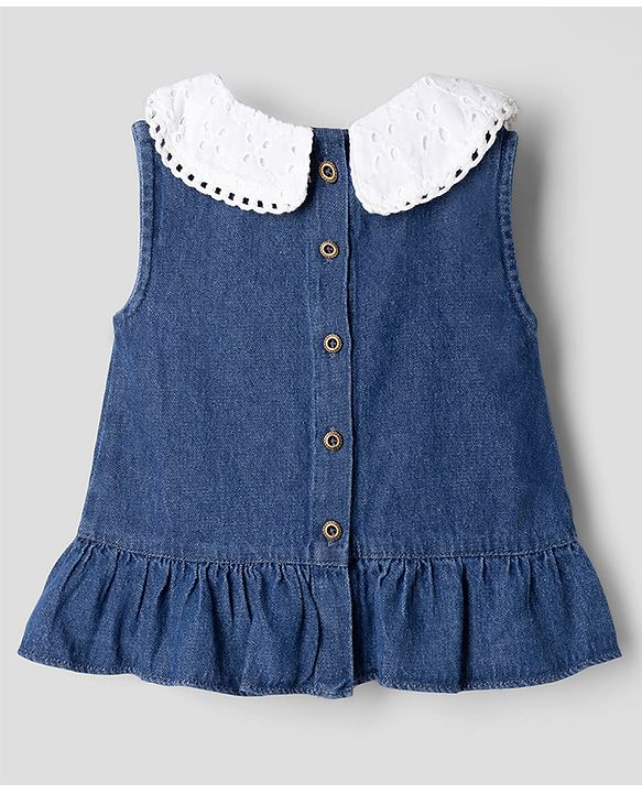 Babyhug Peter Pan Collar Sleeveless  Top & Pant Set with Schiffli Bow & Frill Detailing - Blue