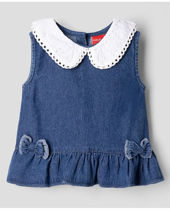 Babyhug Peter Pan Collar Sleeveless  Top & Pant Set with Schiffli Bow & Frill Detailing - Blue