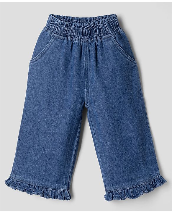 Babyhug Peter Pan Collar Sleeveless  Top & Pant Set with Schiffli Bow & Frill Detailing - Blue