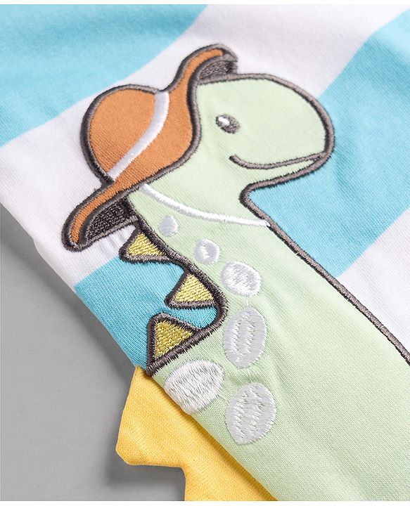 Babyhug 100% Cotton Knit Half Sleeves Striped T-Shirt with Dino Graphic Print & Applique- Light Blue