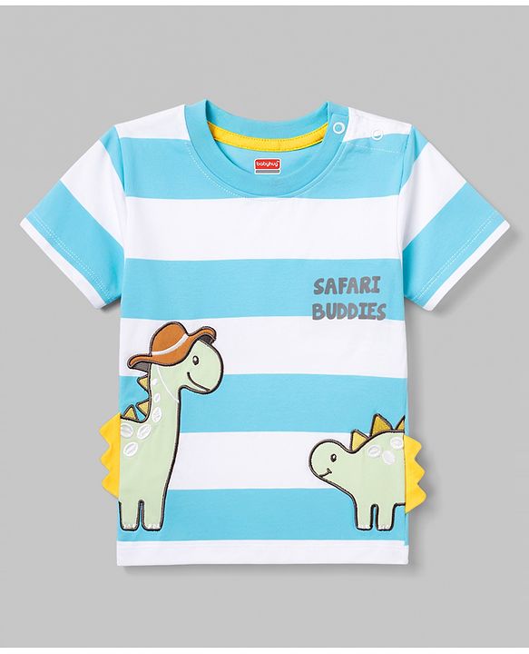 Babyhug 100% Cotton Knit Half Sleeves Striped T-Shirt with Dino Graphic Print & Applique- Light Blue