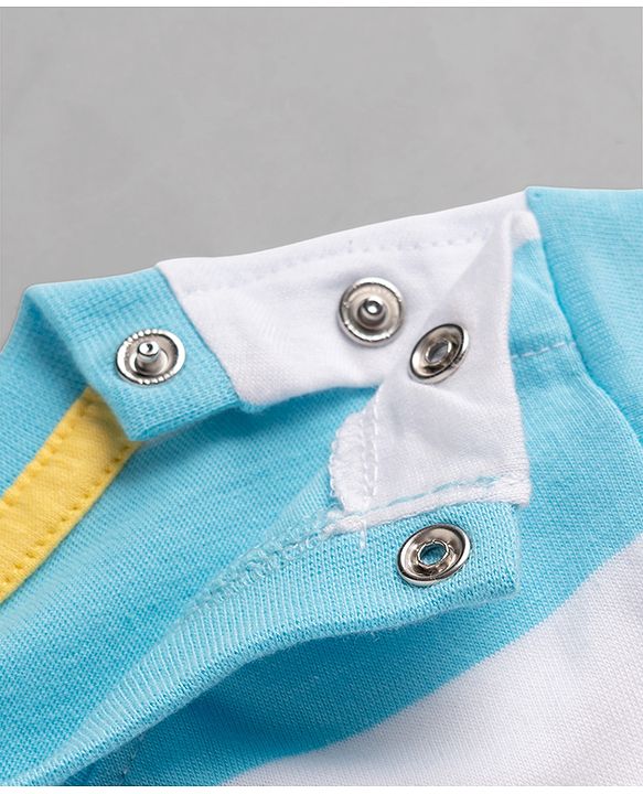 Babyhug 100% Cotton Knit Half Sleeves Striped T-Shirt with Dino Graphic Print & Applique- Light Blue