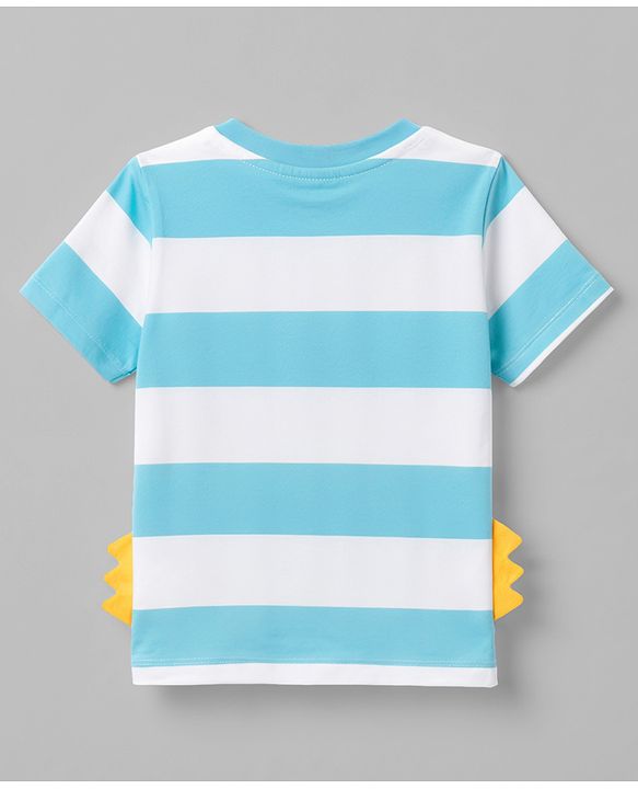 Babyhug 100% Cotton Knit Half Sleeves Striped T-Shirt with Dino Graphic Print & Applique- Light Blue
