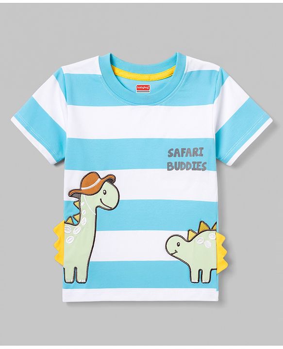 Babyhug 100% Cotton Knit Half Sleeves Striped T-Shirt with Dino Graphic Print & Applique- Light Blue