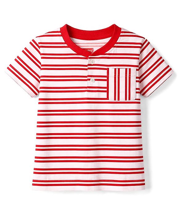 Babyhug Cotton Knit T-Shirt Striped Henley Half Sleeves with Graphics Multi Color 6-9 Months