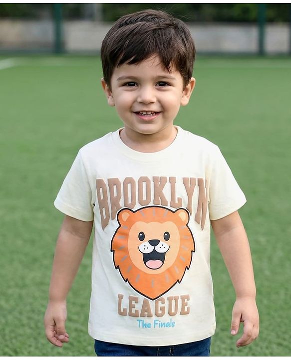 Babyhug Cotton Knit Half Sleeves T-Shirt with Brooklyn League Print - Cream