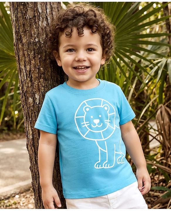 Babyhug Cotton Knit Half Sleeves T-Shirt with Lion Print - Light Blue