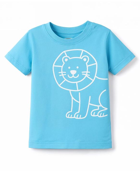 Babyhug Cotton Knit Half Sleeves T-Shirt with Lion Print - Light Blue