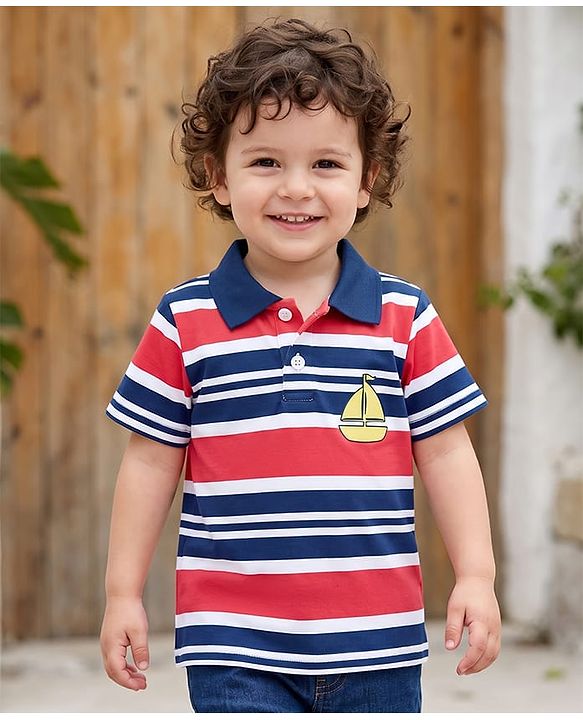 Babyhug Cotton Knit Polo T-Shirt Half Sleeves Striped with Graphic Multi Color 6-9 Months