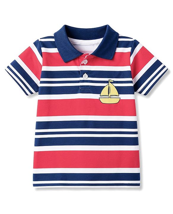 Babyhug Cotton Knit Polo T-Shirt Half Sleeves Striped with Graphic Multi Color 6-9 Months